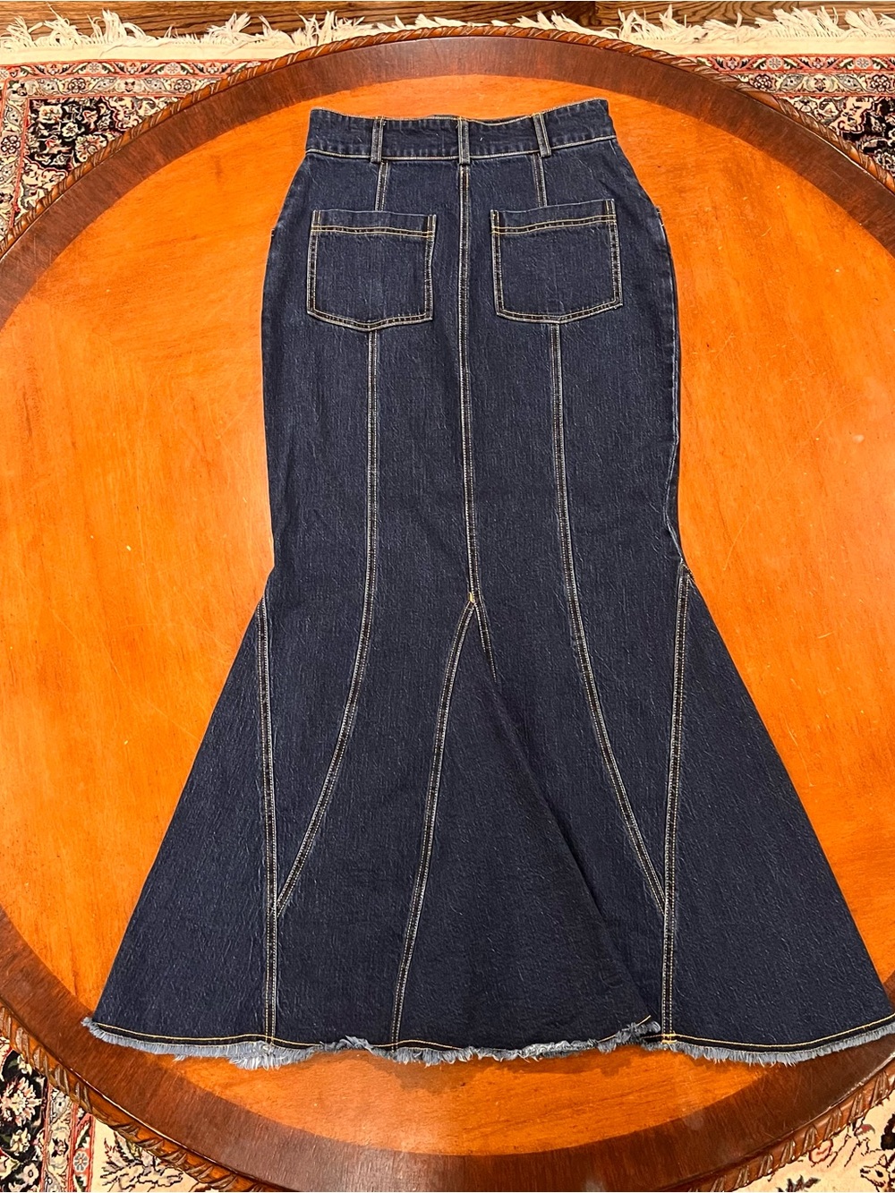 Pilcro x Anthropologie Fluted Denim Maxi Skirt Dark Wash 0 Stretch Seamed Jean - Picture 4 of 16